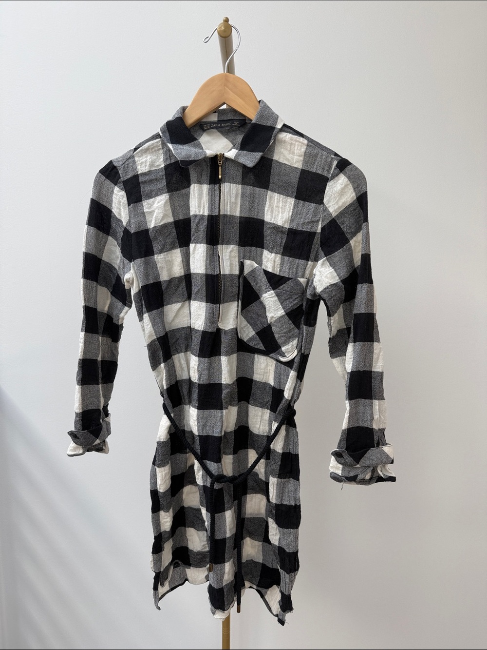 Zara Black & White Buffalo Plaid Zip Front Shirtdress
